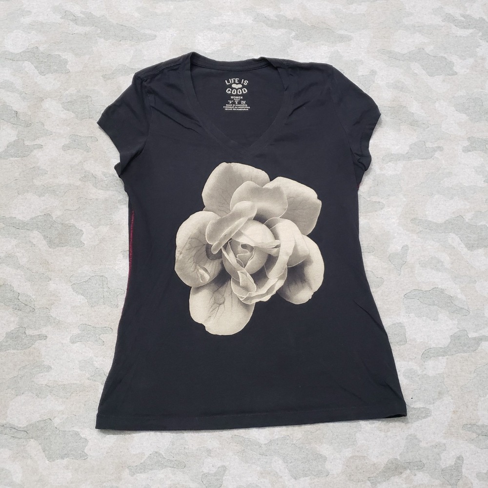 Life Is Good Black Tee with Cream Flower